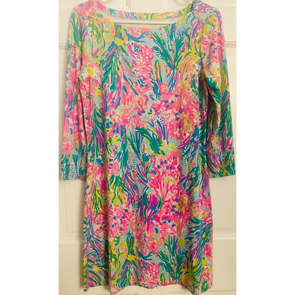 Lilly Pulitzer Sophie Boatneck Vibrant Botanical Pink Blue Print Dress Size M